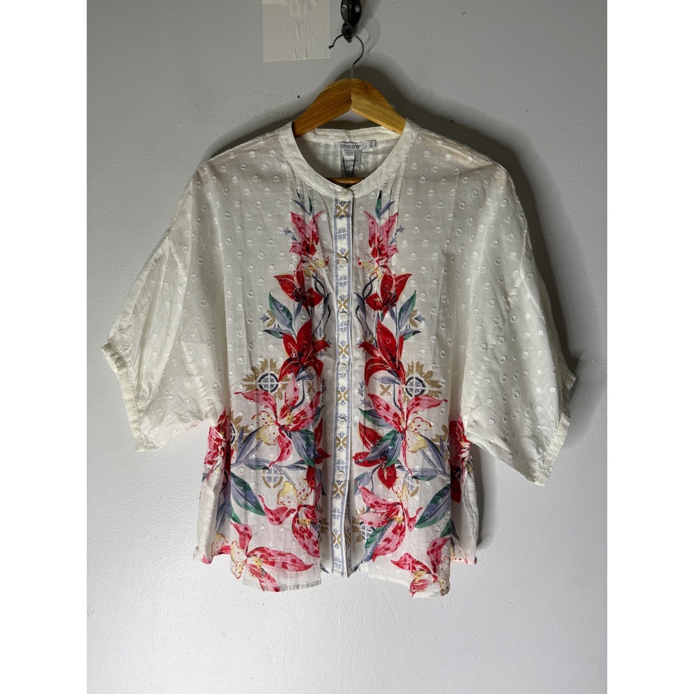 NWT Chico's button down blouse cotton floral textured polka dots sheer 1.5 (m)